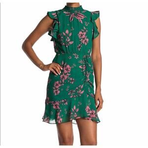 Sam Edelman Green Pink Floral High Neck Ruffle Dress Size 2 Wedding Guest Party